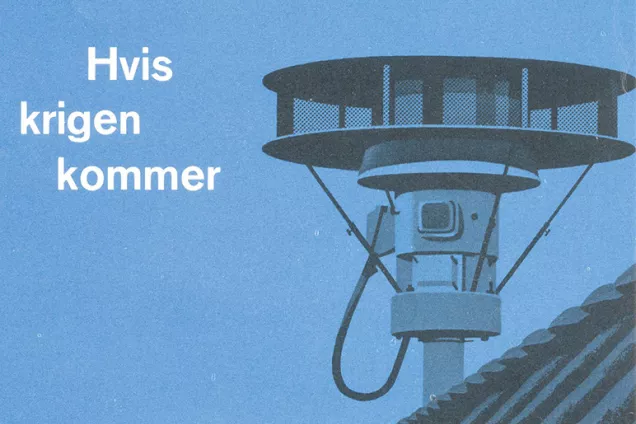 Teckning av en högtalare monterad på ett hustak. Texten "Hvis krigen kommer".